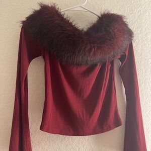 Burgundy Off-Shoulder Top with Faux Fur Trim